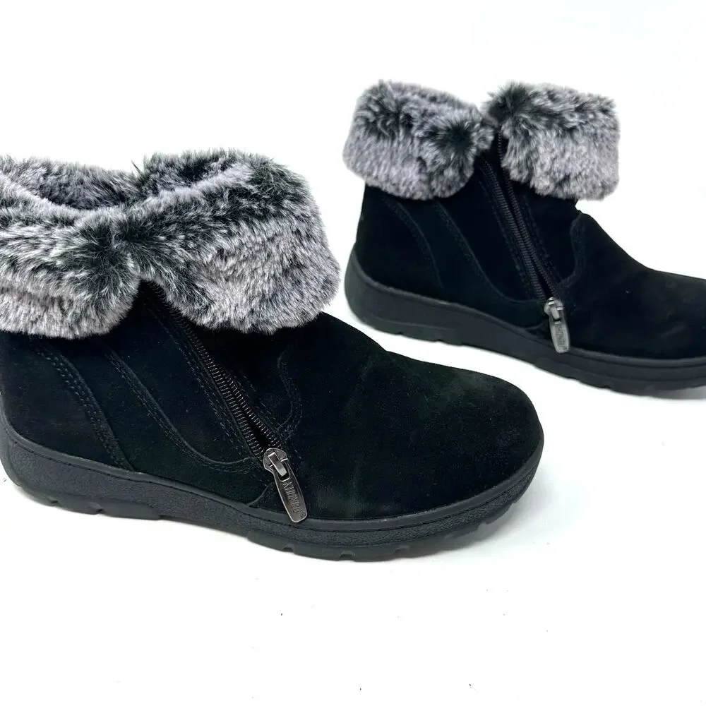 Khombu‎ Size 7 Boots Black Leather Slip On Faux Fur Side Zip Winter Snow Warm